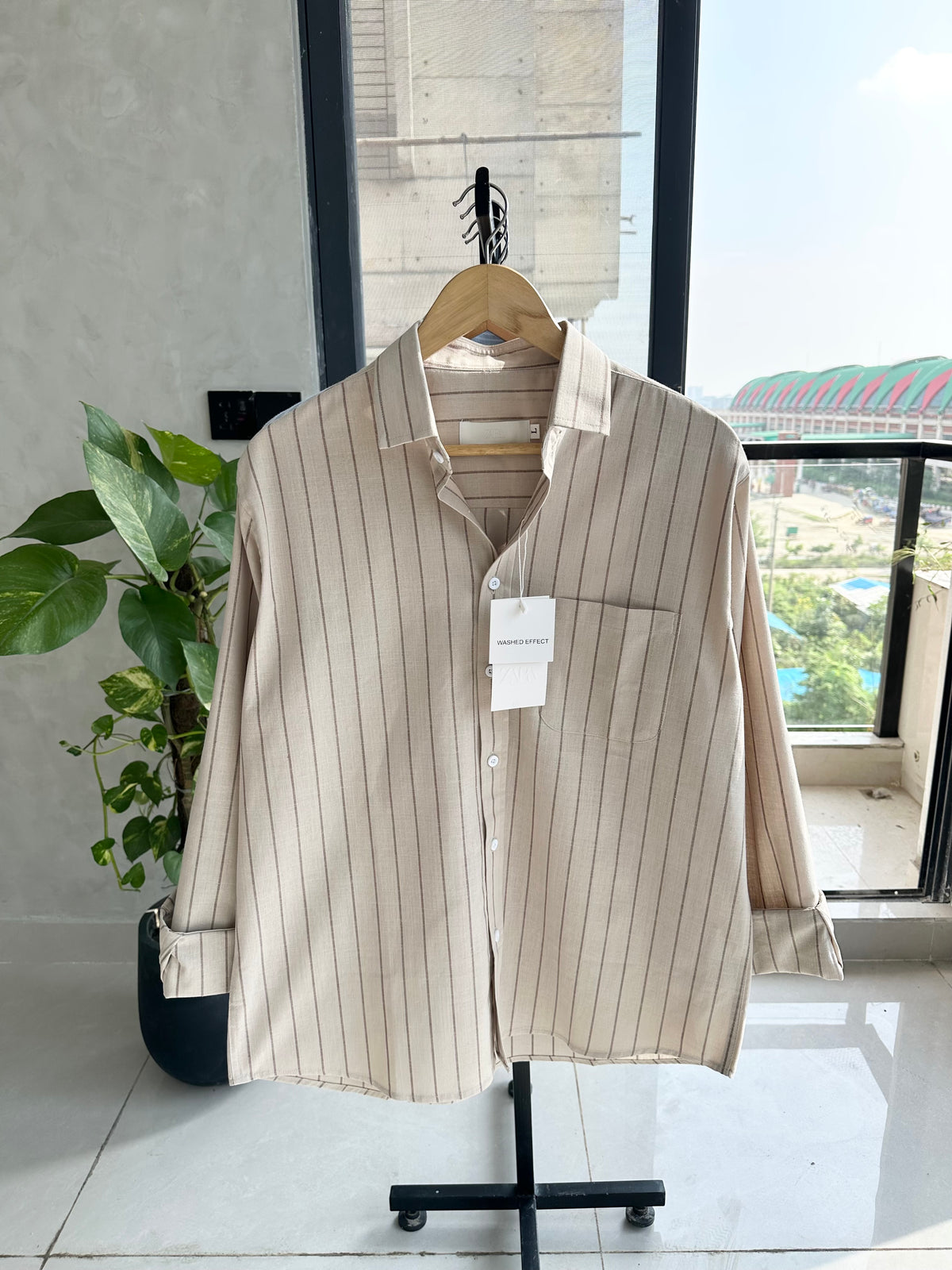 Gentle Stripe Shirt-Sand Beige