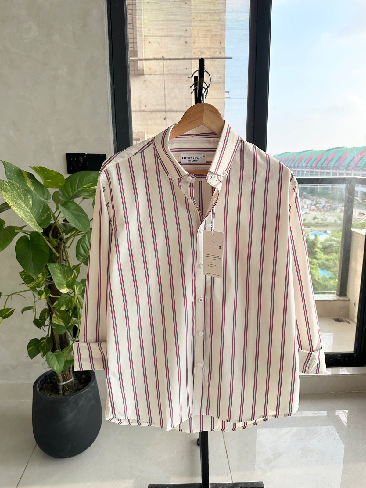 Gentle Stripe Shirt- Off-White Burgundy Stripe