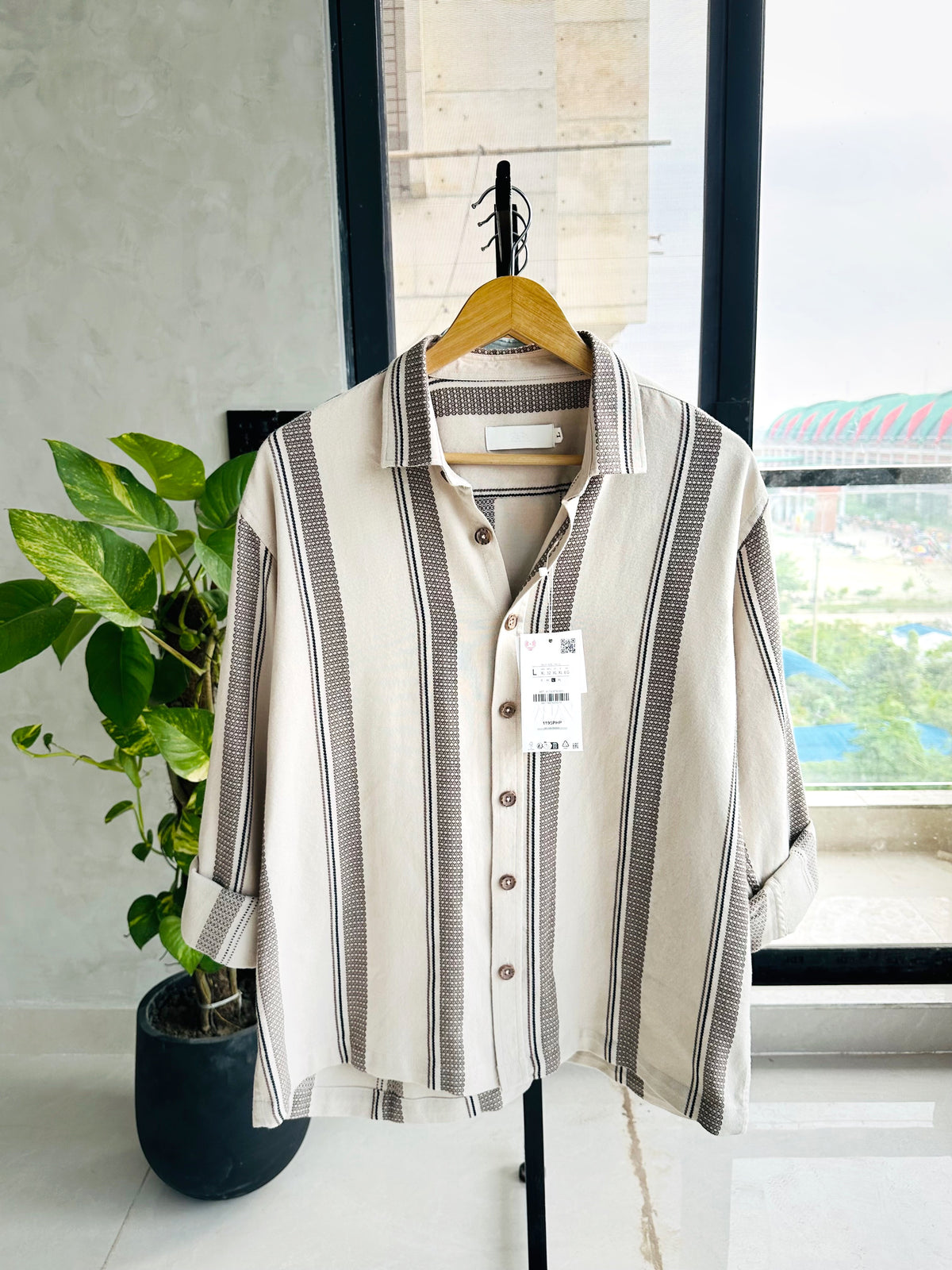 Urban Drift Boxy Shirt-Beige Ethnic Textured